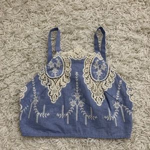 NWT LF RUMOR BOUTIQUE LACE CHAMBRAY HALTER TOP